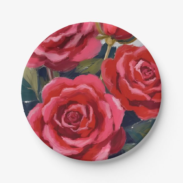 Red Roses Floral Painting Paper Plate (Front)
