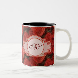 Red roses floral pattern customisable with initial Two-Tone coffee mug