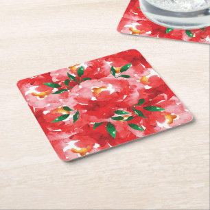 Red Roses Floral Pattern Square Paper Coaster