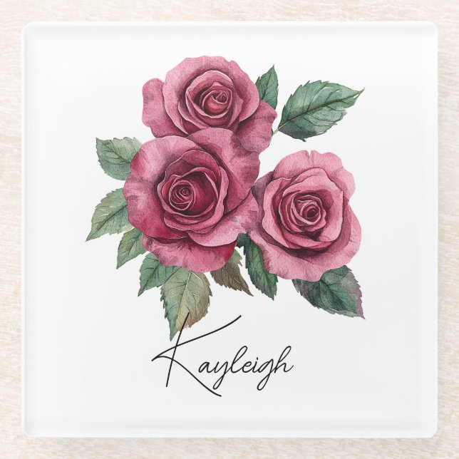 Red Roses Floral Personalised Glass Coaster (Front)