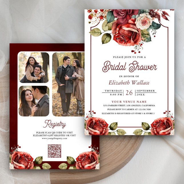 Red Roses Floral Photo QR Code Bridal Shower Invitation (Creator Uploaded)
