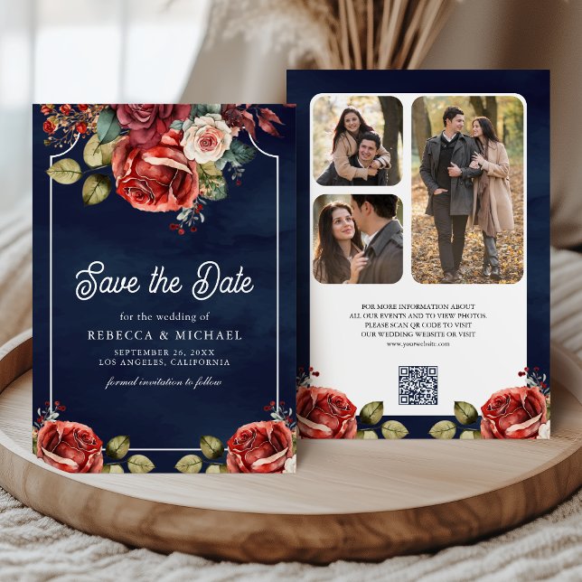 Red Roses Floral Photo QR Code Navy Blue Wedding Save The Date (Creator Uploaded)