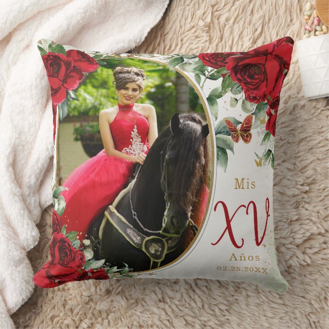 Red Roses Floral Photograph Quinceañera Keepsake Cushion (Blanket)
