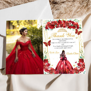 Red Roses Floral Princess Quinceañera Photo Thank You Card