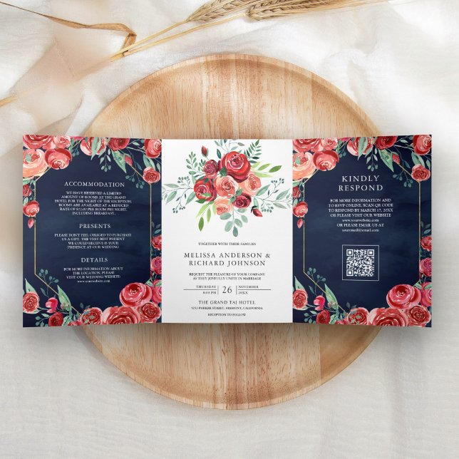 Red Roses Floral QR Code Navy Blue Wedding Tri-Fold Invitation (Creator Uploaded)
