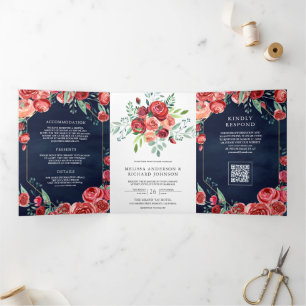 Red Roses Floral QR Code Navy Blue Wedding Tri-Fold Invitation