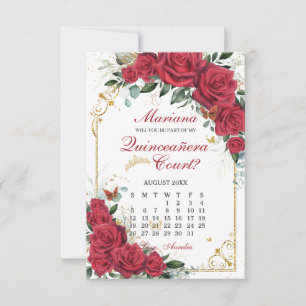 Red Roses Floral Quinceanera Court Proposal Card