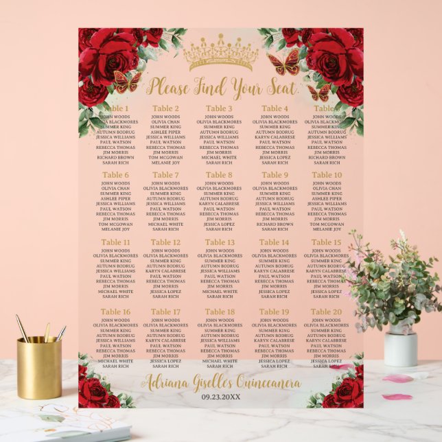 Red Roses Floral Sweet  15 16 Quinceañera Seating Acrylic Sign (Wedding)