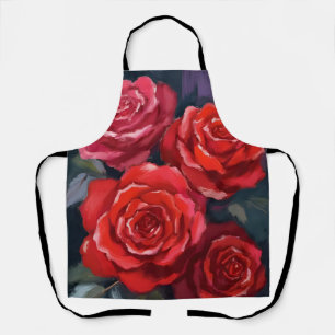 Red Roses Floral Watercolor Painted Flowers Apron
