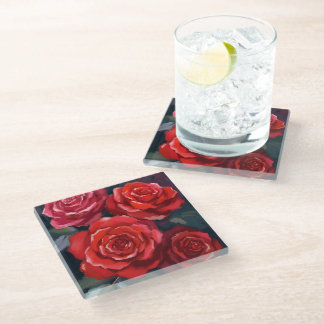 Red Roses Floral Watercolor Painted Flowers Glass Coaster