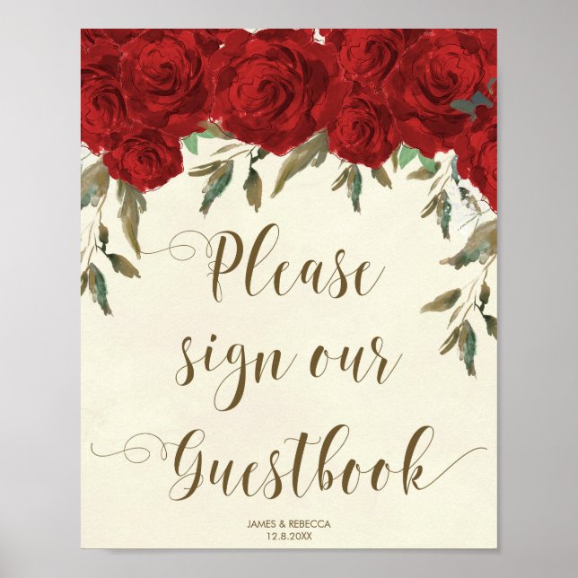 red roses floral wedding party guestbook poster (Front)