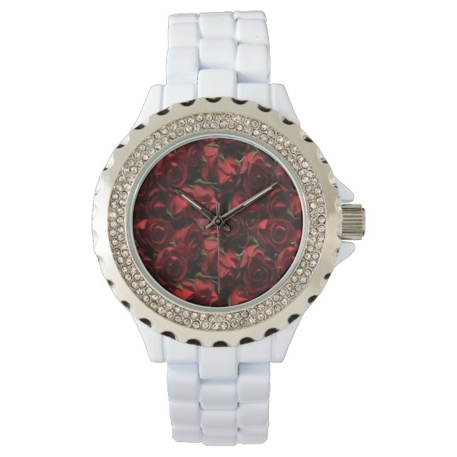 Red Roses Floral White Watch (Front)