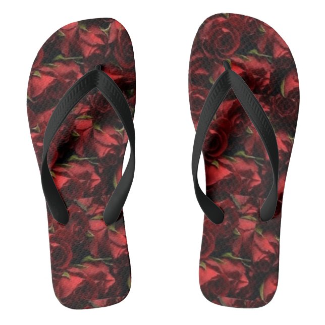 Red Roses Floral Wide Strap Flip Flops (Footbed)