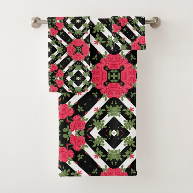 Red roses flowers floral kaleidoscopic black white bath towel set (Insitu)