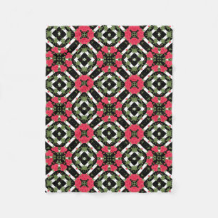 Red roses flowers floral kaleidoscopic black white fleece blanket