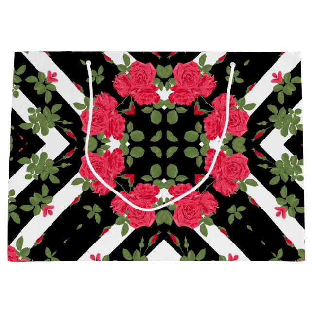 Red roses flowers floral kaleidoscopic black white large gift bag (Front)