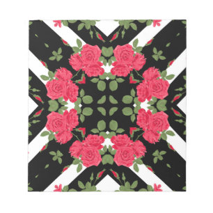 Red roses flowers floral kaleidoscopic black white notepad