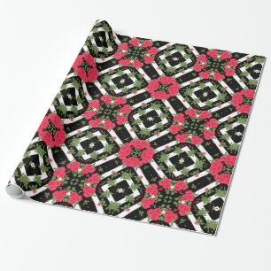 Red roses flowers floral kaleidoscopic black white wrapping paper