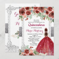 Red Roses Flowers Silver Quinceanera Invitation