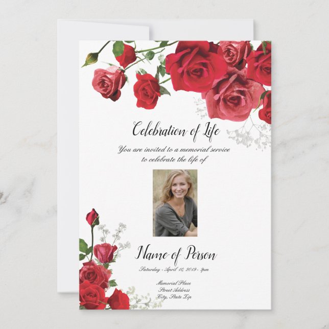 Red Roses Funeral Announcement Invitation (Front)