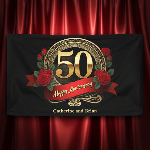 Red Roses & Gold Accents 50th Wedding Anniversary Banner