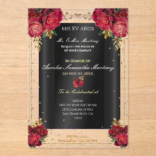 Red Roses, Gold, & Black Quinceañera  Acrylic Invitations