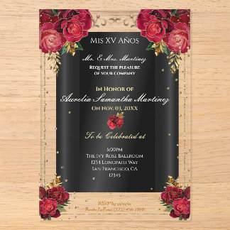 Red Roses, Gold, & Black Quinceañera Acrylic Invitations