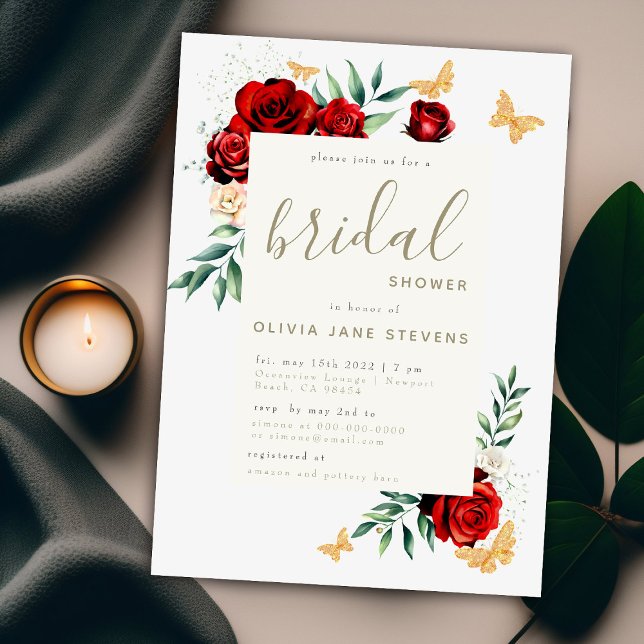 Red Roses Gold Butterflies Elegant Bridal Shower Invitation (Creator Uploaded)