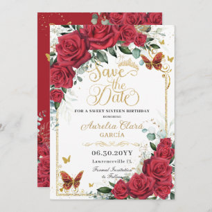 Red Roses Gold Butterflies Quinceanera Sweet 16 Save The Date