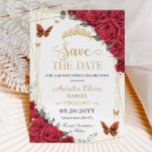 Red Roses Gold Butterflies Quinceanera Sweet 16  Save The Date<br><div class="desc">Personalise this beautiful red roses save the date card easily and quickly. Simply click the "Edit Using Design Tools" button to modify the text, wording, font style, font size, and font colour. You can also add or remove text, and move or remove images. The butterflies and crown are moveable, resizable,...</div>