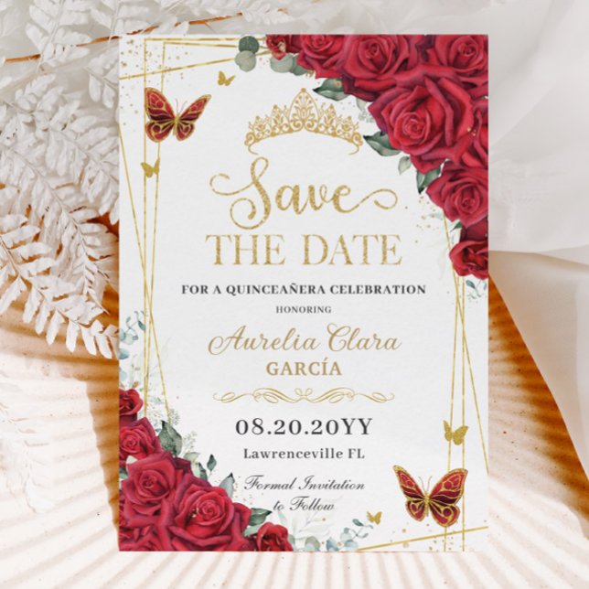 Red Roses Gold Butterflies Quinceanera Sweet 16  Save The Date (Creator Uploaded)