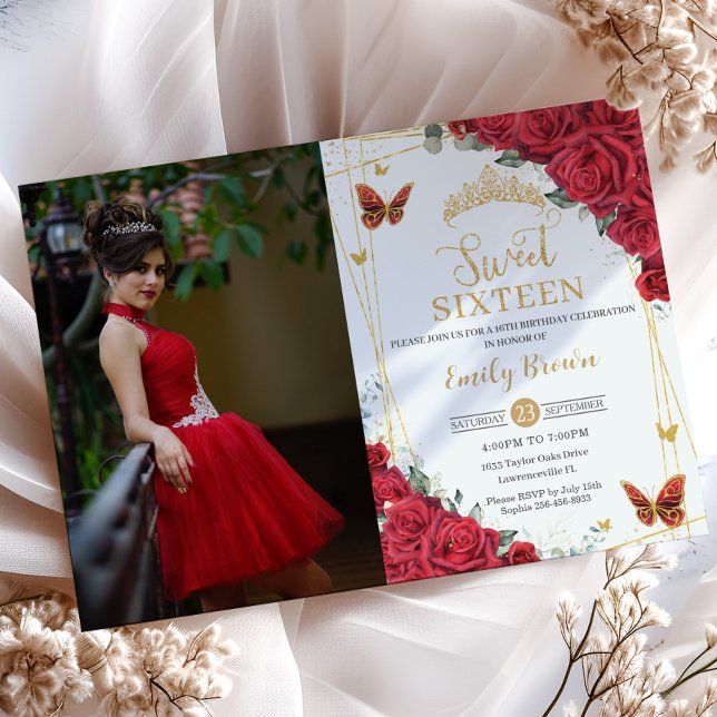 Red Roses Gold Butterflies Sweet Sixteen Photo Invitation (Creator Uploaded)