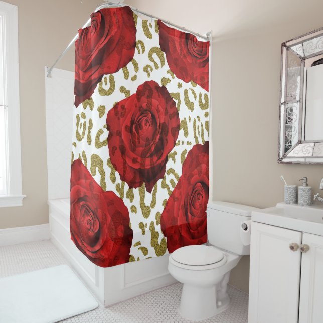 Red Roses Gold Cheetah Leopard Animal Print Shower Curtain (In Situ)