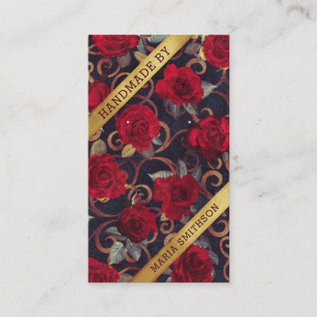 Red Roses Gold Damask QR Code Earring Display Card (Front)
