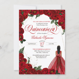 Red Roses & Gold Fancy Red Ball Gown Quinceañera Invitation