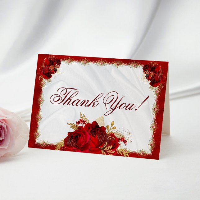 Red Roses Gold Floral Wedding Thank You (Creator Uploaded)