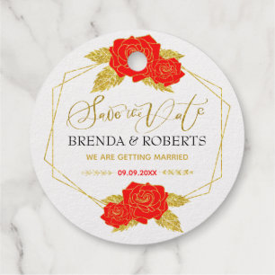 Red roses gold frame Save-the-date typography Favour Tags