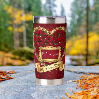 Red Roses Gold Glitter Love Story Tumbler