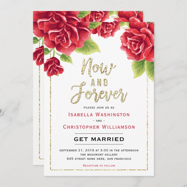 Red Roses & Gold Glitter Now and Forever Wedding Invitation (Front/Back)