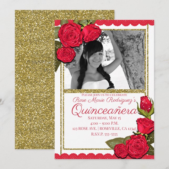 Red Roses Gold Glitter Quinceañera Birthday Party Invitation (Front/Back)