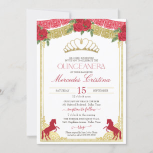 Red Roses & Gold Horses Western Charro Quince Invitation