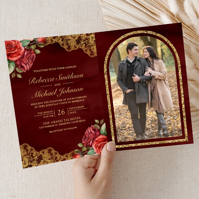Red Roses Gold Lace Maroon QR Code Photo Wedding Invitation (Creator Uploaded)