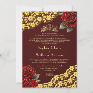 Red Roses Gold Lace QR Code Maroon Wedding Invitation