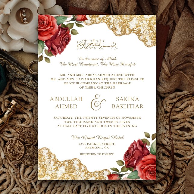 Red Roses Gold Lace QR Code Muslim Wedding Invitation (Creator Uploaded)