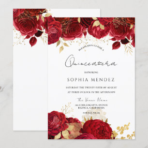 Red Roses Gold leaf Quinceanera Party Invitation