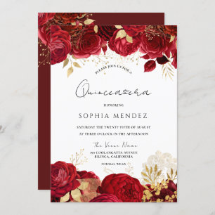 Red Roses Gold leaf Quinceanera Party Invitation