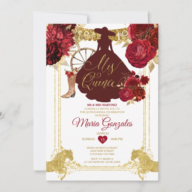 Red Roses Gold Mis Quince 15 Anos Quinceañera Invitation (Front)