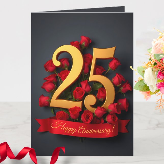Red Roses Gold Number 25th Wedding Anniversary Card (Creator Uploaded)