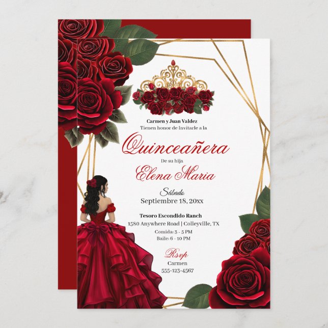 Red Roses Gold Quinceañera  Invitation (Front/Back)