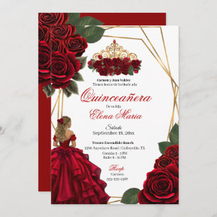 Red Roses Gold Quinceañera Invitation